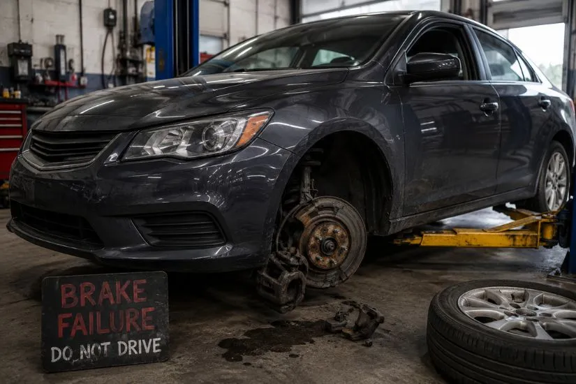 Sedan in auto repair shop with damaged front brake assembly and removed wheel